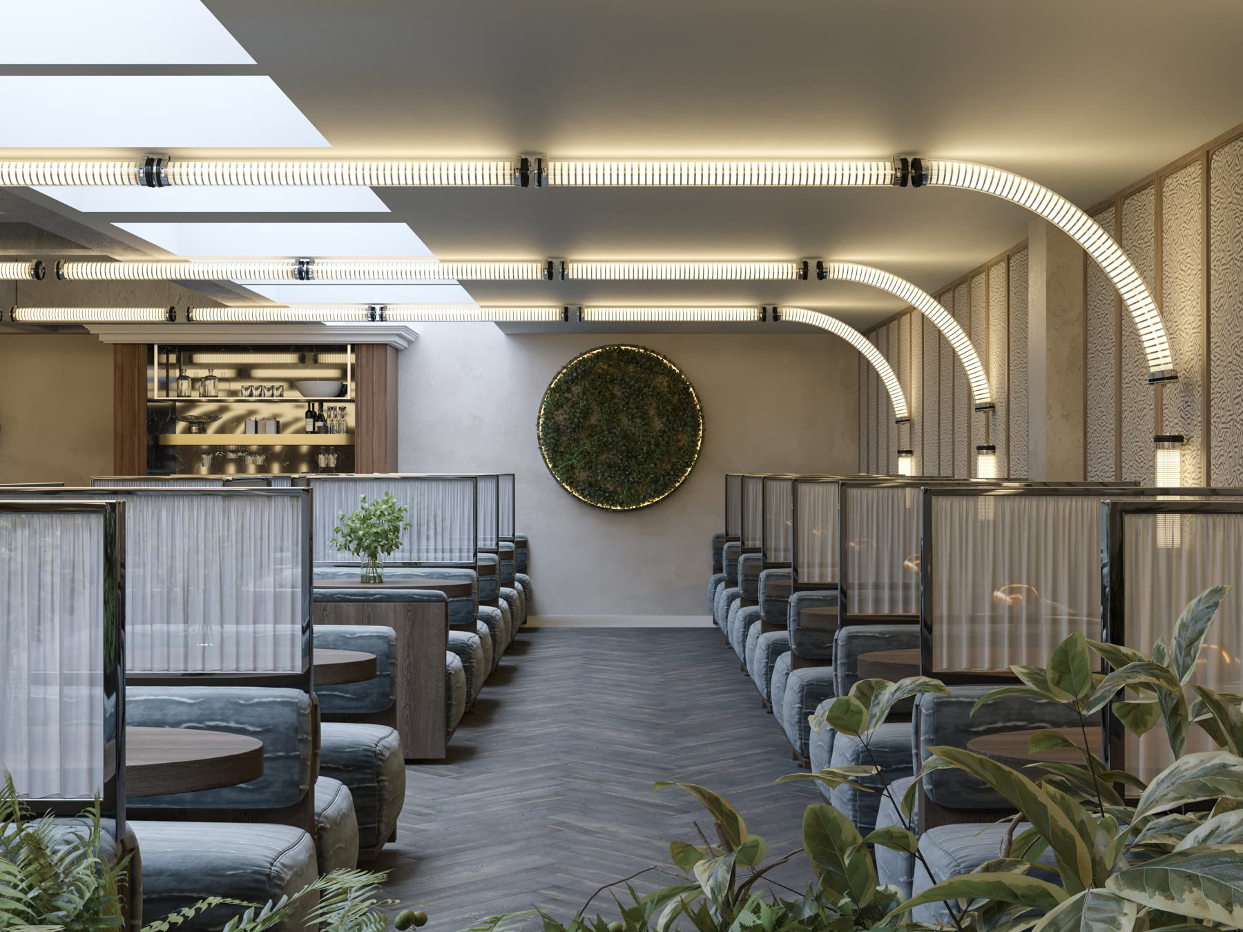 200 Baker Street basement, full view across the bar and dining room