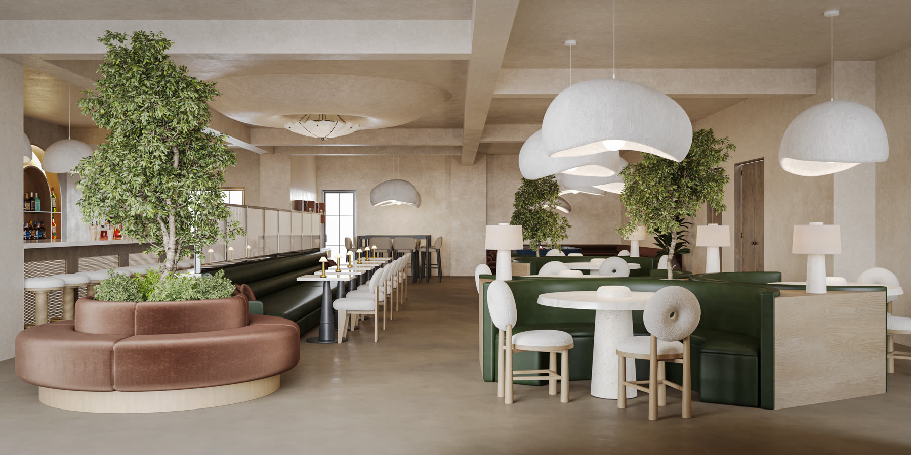 200 Baker Street ground floor restaurant, planted central feature and dining