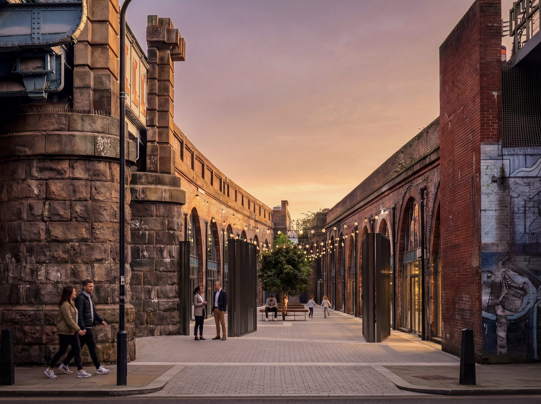 Kilburn Mews completed, looking into the active mews at dusk
