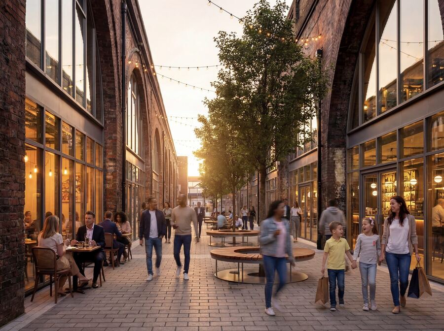 People walking in Kilburn Mews at dusk