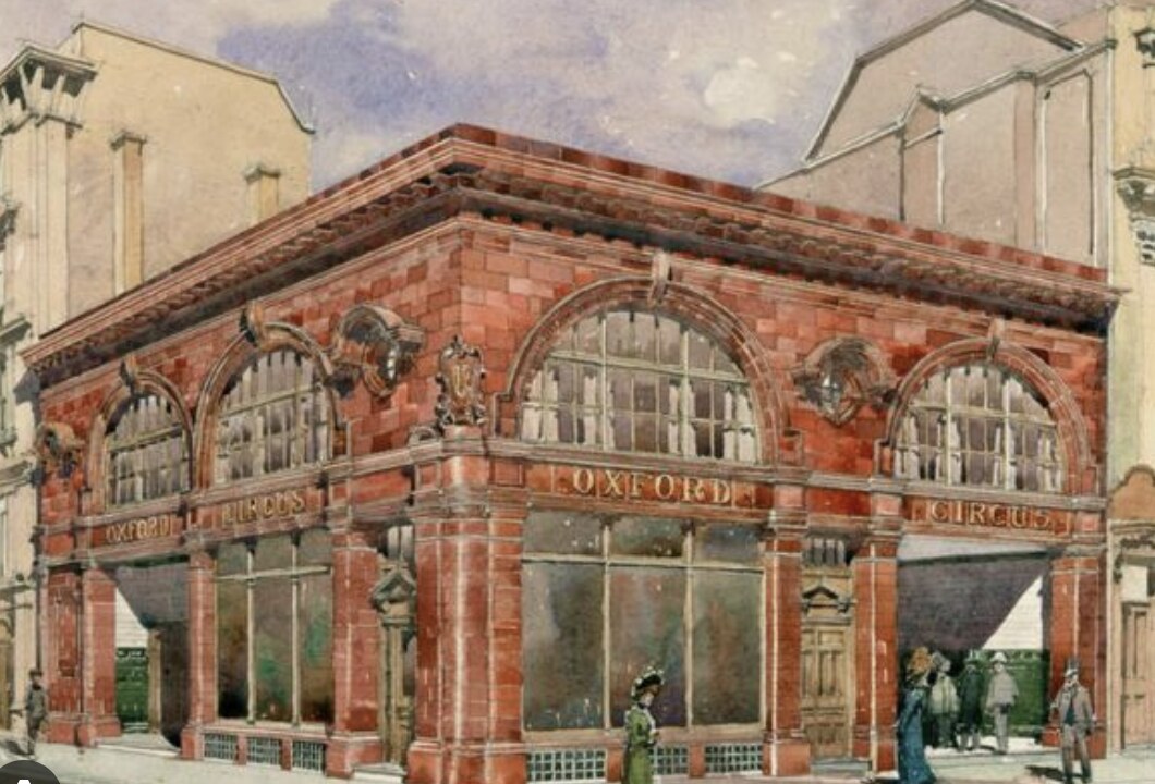 Hand-rendered watercolour of the Oxford Circus Station corner elevation