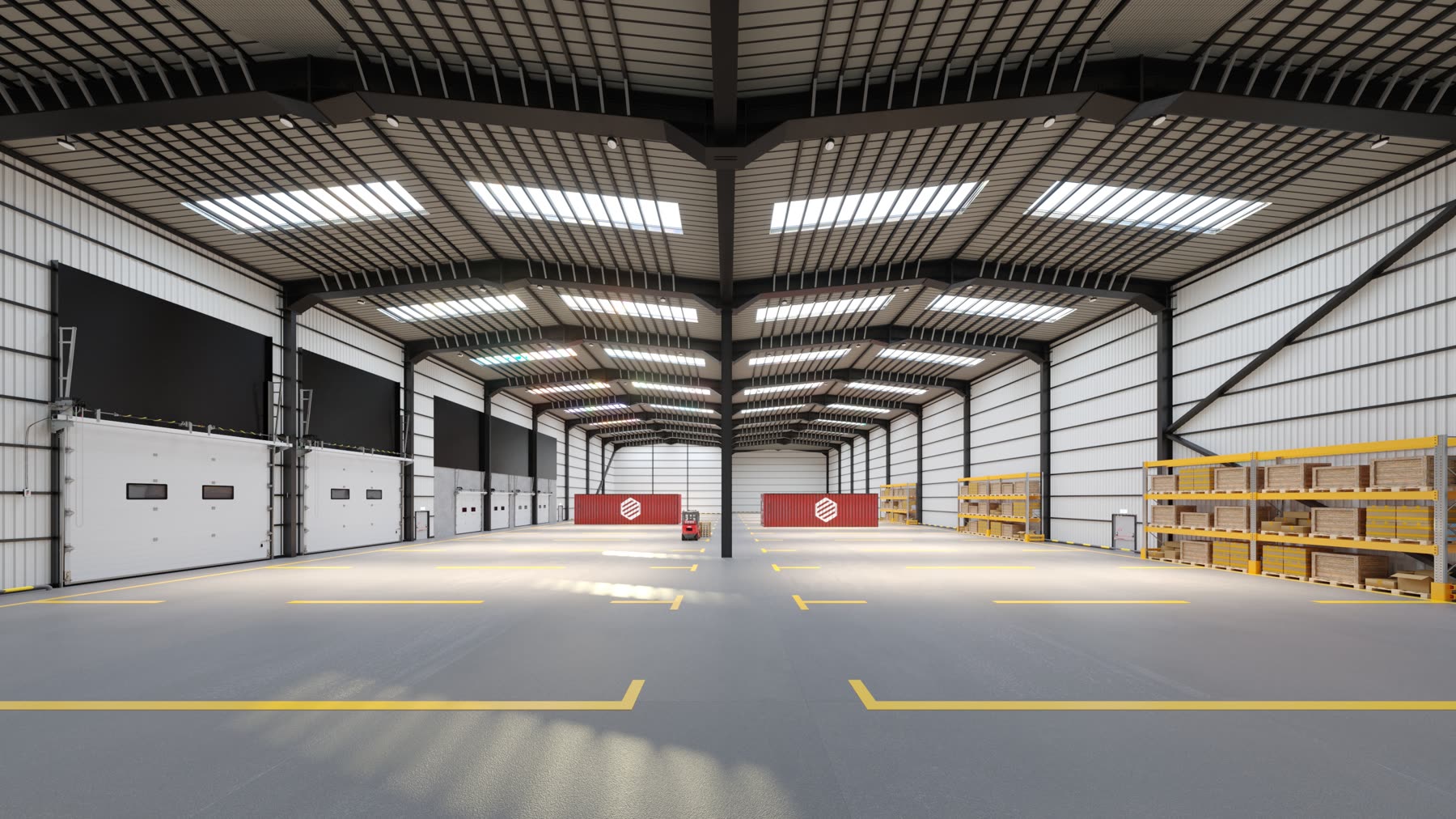 Woodside Industrial Estate, warehouse interior CGI with racking