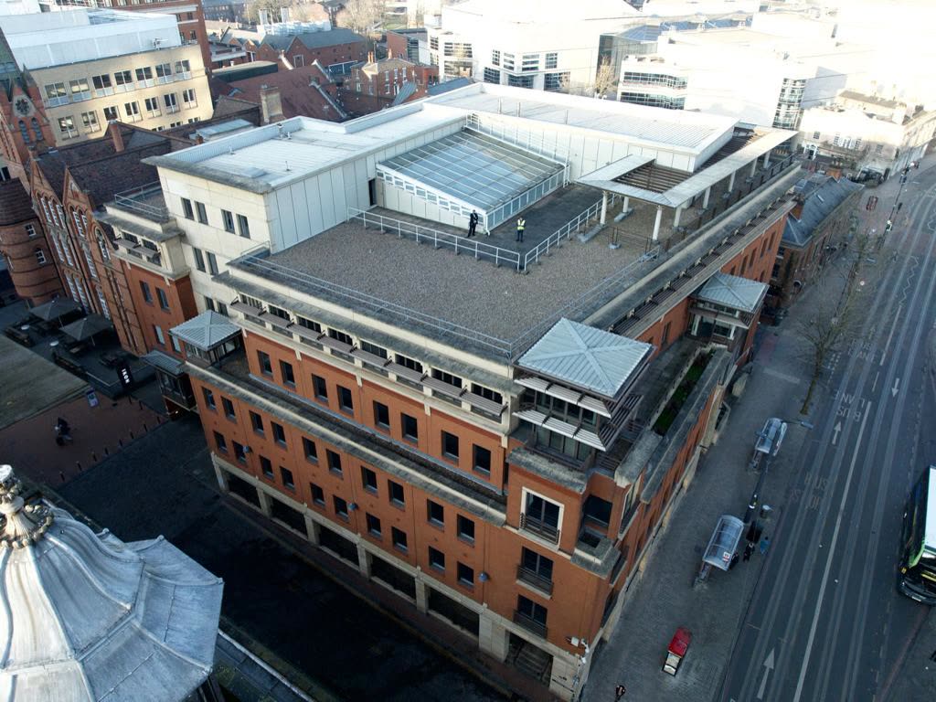 Birmingham commercial building, rooftop aerial view