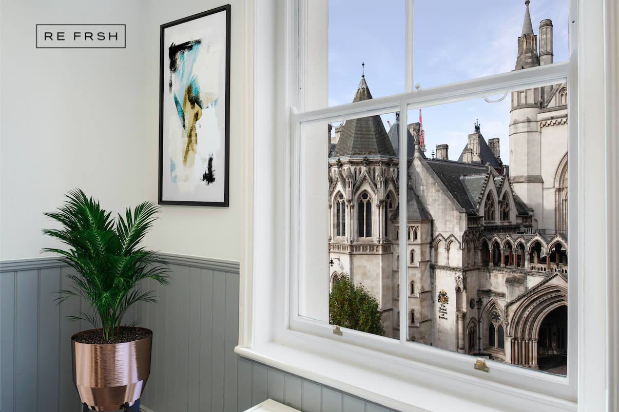 217 The Strand, interior CGI with sash window framing the Royal Courts of Justice