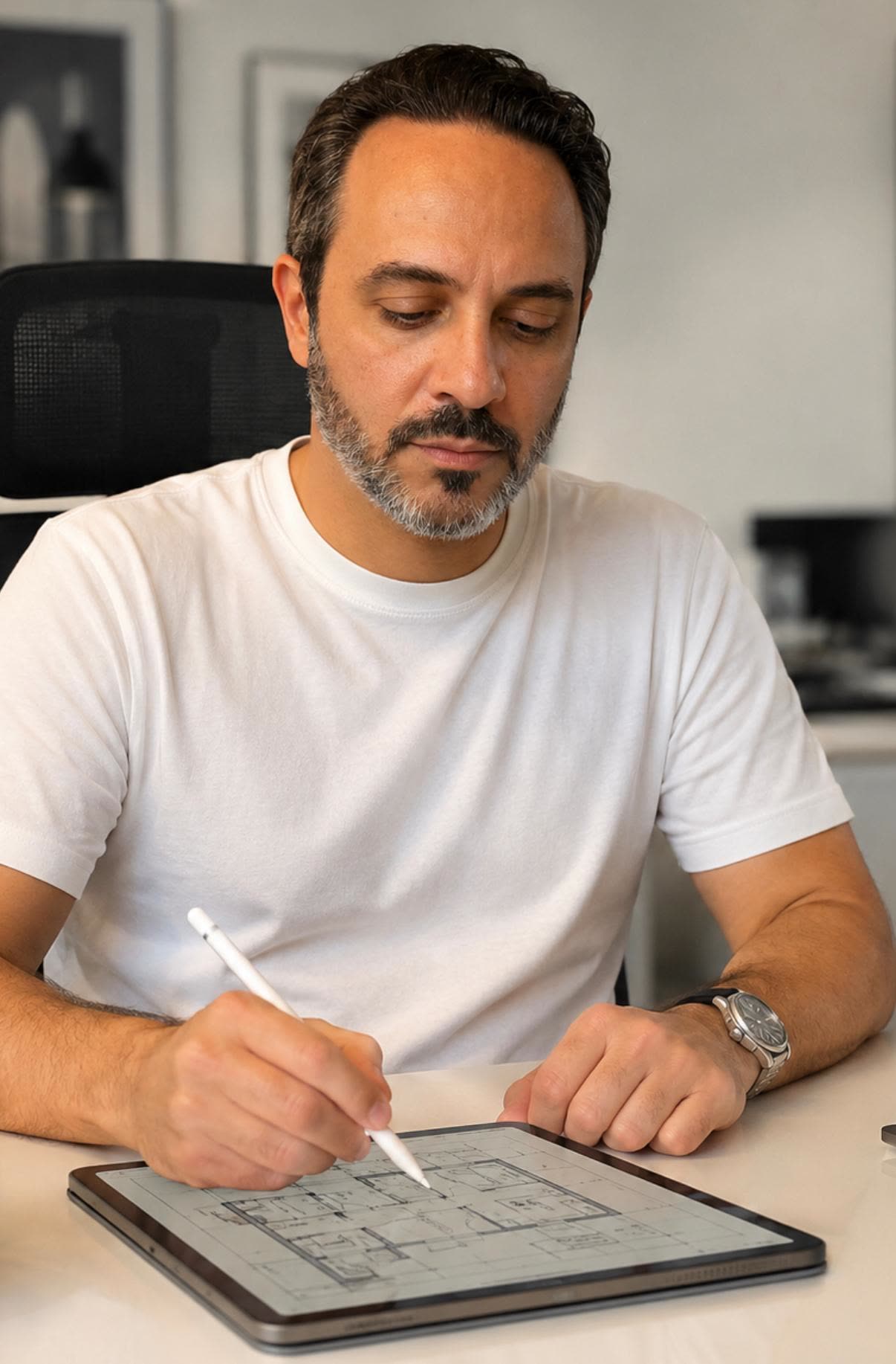 Zaid, RE FRSH's Creative Director, sketching a floor plan on an iPad with Apple Pencil at his studio desk