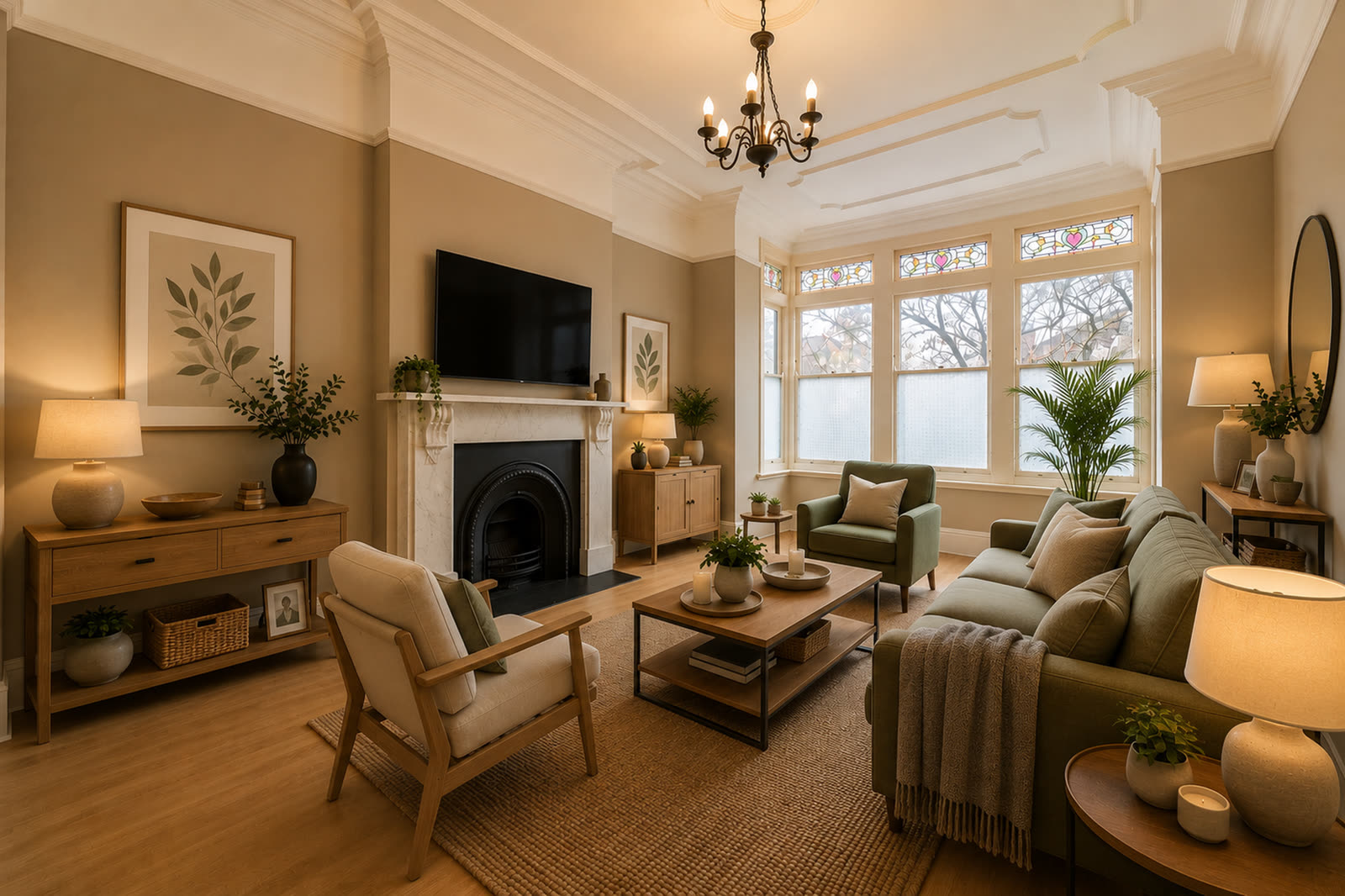 Same living room virtually staged with sofa, fireplace dressing, rug and art
