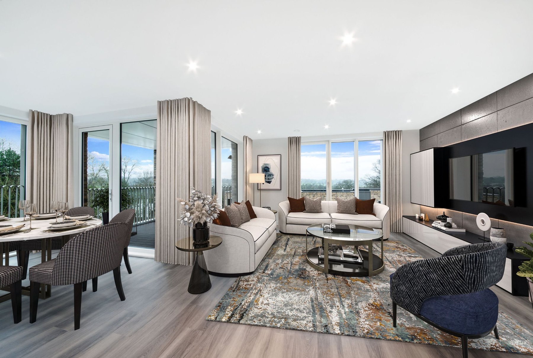Same modern apartment living area after virtual staging with sofas, dining table and decor